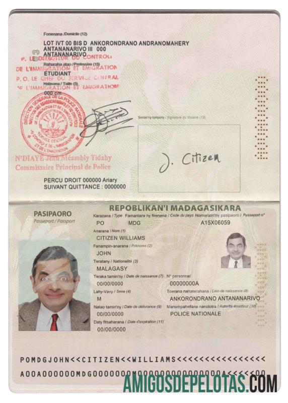 Passaporte de Madagáscar exemplo real